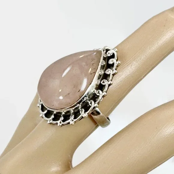 Rose Quartz Ring, Sterling Silver, Big Statement, Size 5 3/4, Vintage Ring, NOS, - Picture 2 of 6